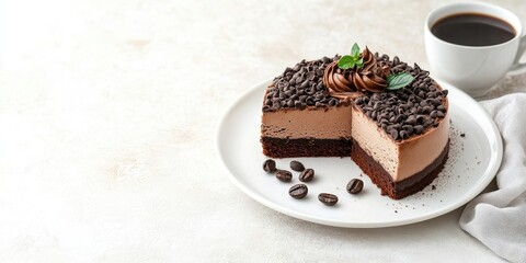Aufkleber - Slice of semifreddo cake, a delectable chocolate dessert on a white plate with a cup of coffee, set against a light gray background with copyspace.