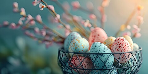 Aufkleber - Colorful eggs for Easter in a metal basket.