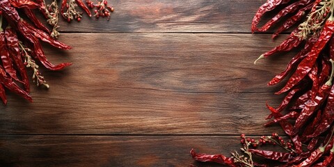 Poster - Close-up of dried red chili against a wooden table background.