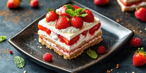 Poster - Strawberry dessert featuring layers of cream and mascarpone cottage cheese millefeuille Menu concept serving size. Food background top view copyspace for text keto or paleo diet organic.