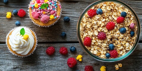 Aufkleber - Delicious muesli in a glass jar on a bowl placed on a wooden table, flat lay, nutritious breakfast, healthy start to the day, breakfast paired with a cupcake.