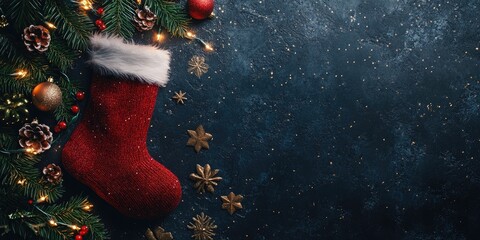Poster - Dark Christmas backdrop featuring a Christmas sock. Top view with copy space.