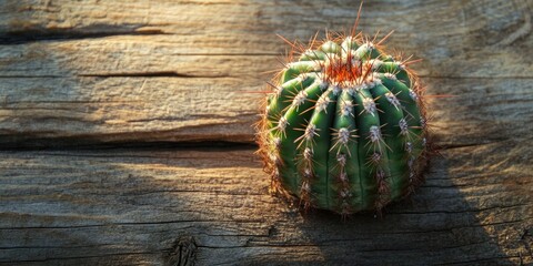 Poster - Cactus on a brown wooden surface in summer.
