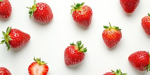 Poster - Nibbler with fresh strawberries on a white background, top view. Room for text.