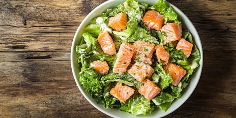 Poster - Caesar salad topped with salmon. Viewed from above. Set against a wooden background. Copy space.