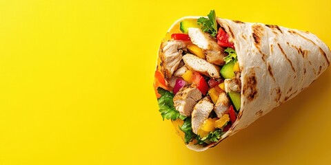 Poster - Doner roll shawarma featuring chicken and vegetables on a yellow background.