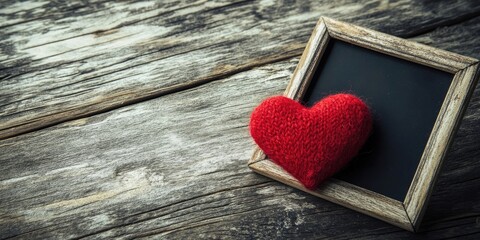 Wall Mural - Photo frame and handmade Valentine's Day heart toy on a wooden surface.