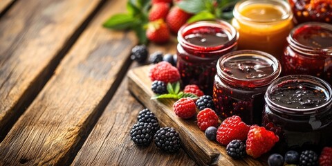 Canvas Print - Variety of berry and fruit jams. Collection of different seasonal summer berry and fruit jams, marmalades, and confitures. Wooden rustic background copyspace.