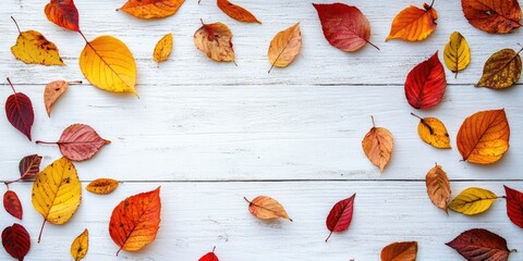 Poster - A vibrant background image featuring fallen autumn leaves on a white wooden table-like surface. Top view, copy space.