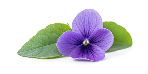 Fototapete - Violet flower alongside green leaf on a white background.