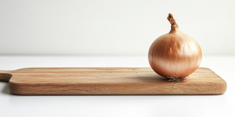 Poster - Whole fresh onion, peeled and placed on a wooden cutting board, isolated against a white background with copy space. Side view.