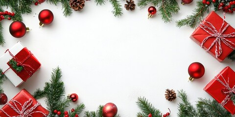 Aufkleber - Christmas arrangement. Gifts, fir tree branches, red ornaments on a white background. Christmas, winter, New Year theme. Flat lay, top view, copyspace.