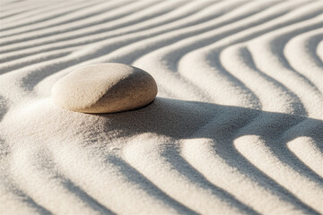 peaceful stone in a japanese garden, casting a gentle shadow on white sand, evoking calm and harmony