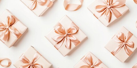 Aufkleber - Gift boxes tied with bows surrounded by satin ribbons on a light background. Template for holiday messages. Flat lay, copyspace, top view, mockup.
