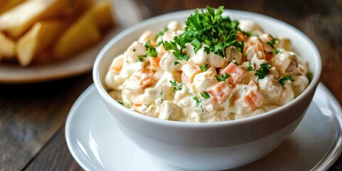 Aufkleber - Traditional Russian Olivier Salad with Mayonnaise in a White Bowl and on a Plate.