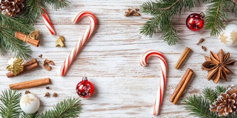 Aufkleber - Arrangement of fir branches, candy canes, Christmas decorations, and cinnamon on a light wooden background.