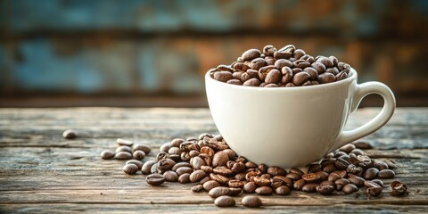 Poster - Coffee cup filled with coffee beans resting on a wooden table