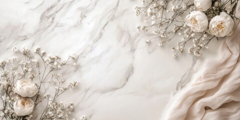 Aufkleber - Postcard mockup featuring flowers, soft fabric, and marble. Ideal for presentations, flatlay, and more.