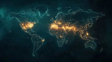 Poster - Illuminated world map showcasing urban areas and population density