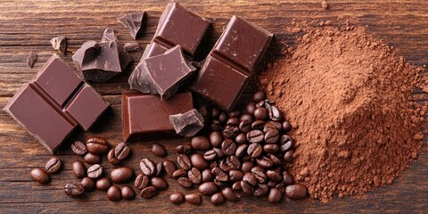 Poster - An assortment of chocolate pieces, coffee beans, and cocoa powder on a wooden surface.