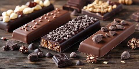 Poster - Collection of sweets. Chocolate bars and granola on a wooden surface with milk chocolates. Food, candy, snack.