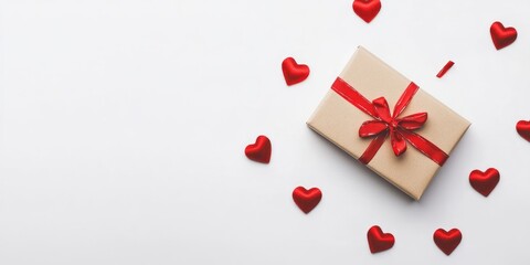 Aufkleber - Romantic gift box with hearts on a white background. Valentine's Day backdrop. Flat lay, top view, copyspace.