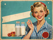 © Aqvarelka - Vintage poster: smiling woman with bottled milk and pumpkins in retro style