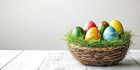 Aufkleber - Colorful Easter eggs and a mound of green grass in a basket on a white wooden table. Easter backdrop, egg hunt idea. Empty copy space, mockup, hay.