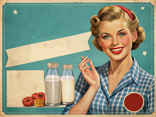 vintage poster: smiling woman with bottled milk and pumpkins in retro style