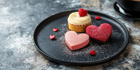 Poster - Coffee and two heart-shaped cakes on a black plate against a stone background for Valentine's Day, with copyspace for your text.