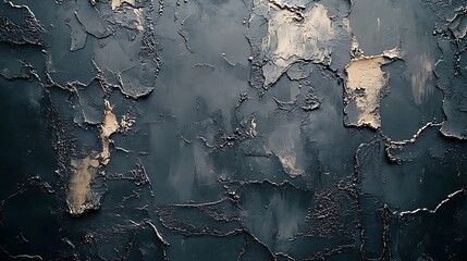 Poster - A textured wall with peeling paint, showcasing layers of dark and light colors, creating an abstract and weathered appearance.