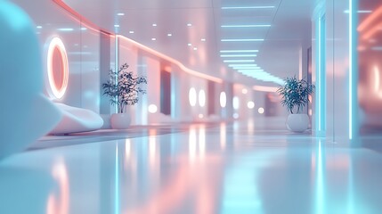 Poster - A sleek, futuristic hallway showcasing modern design elements, vibrant lighting, and minimalist decor.