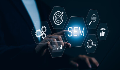 Wall Mural - sem search engine marketing concept. businessman touching virtual icons representing search engine m