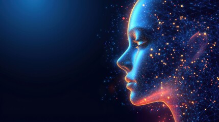 Poster - digital human face profile, glowing network connections, futuristic design