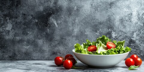 Poster - Healthy salad bowl diet food concept, with decorative props including tomatoes and green salad in a white plate against a stone wall background, copyspace.