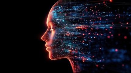 Poster - Digital human silhouette with data streams, glowing particles, and abstract lines