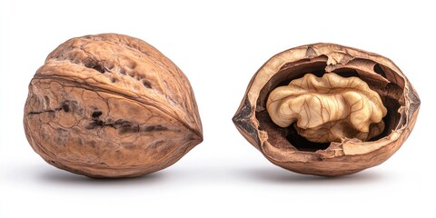 Poster - Whole walnut, half in its shell with the walnut shell intact on the back, set against a white isolated background.