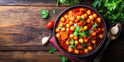 Aufkleber - Homemade spicy vegetarian stew featuring chickpeas and vegetables on a rustic wooden background with copy space. Organic food concept.