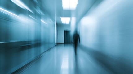 Poster - A blurred hallway with soft blue lighting, featuring a solitary figure walking, evoking a sense of mystery and solitude.
