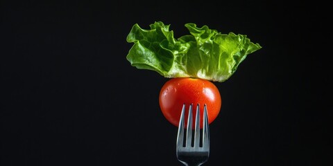 Poster - Lettuce and tomato on a fork. Food levitation. Black backdrop. Copyspace.