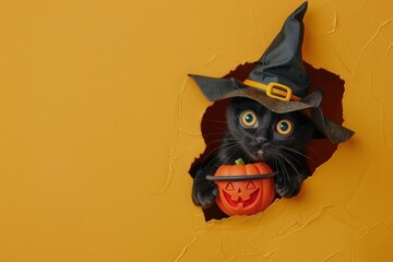 Sticker - Black cat peeking out animal portrait pumpkin.