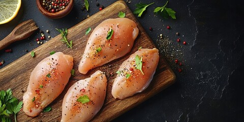 Fototapete - Raw chicken fillets on a wooden board, viewed from above.