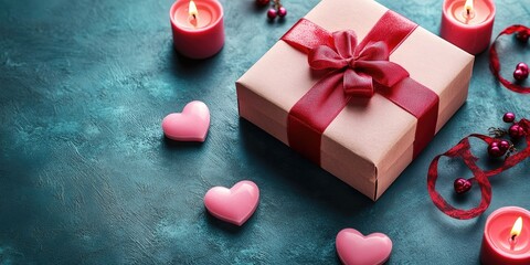Poster - A beautifully wrapped pink gift box adorned with a red ribbon and pink heart-shaped candles set against a blue background. This reflects the idea of Valentine's Day gifts. The top view. Copy space.
