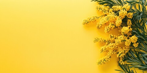 Poster - Creative greeting card for Mother's Day, Spring, or Easter holiday. Mimosa branch on a white-yellow background with copyspace, flat lay.