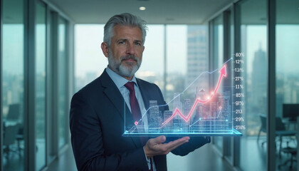 Middle-aged Caucasian businessman in a sharp suit holding a holographic virtual graph displaying upward trends in real estate market growth