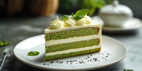 Poster - Green tea cake accompanied by vanilla cream on a white plate.