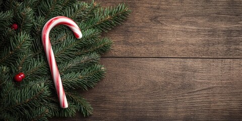 Aufkleber - Christmas tree branch featuring a candy cane on a wooden table. Top view with copyspace.
