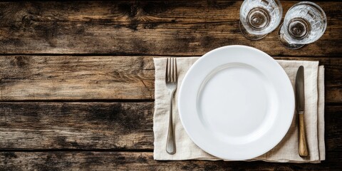 Aufkleber - An empty white plate with cutlery and a glass on a rustic wooden background. Flat lay, top view with copyspace.