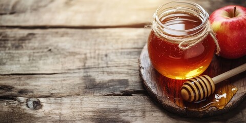 Poster - High angle view of a honey dipper resting on a jar of honey and an apple on a wooden table, with copy space. Unchanged, sweet food, fruit, healthy food, and autumn season concept.