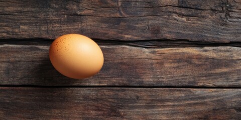 Poster - Chicken egg on wooden table with area for copy.
